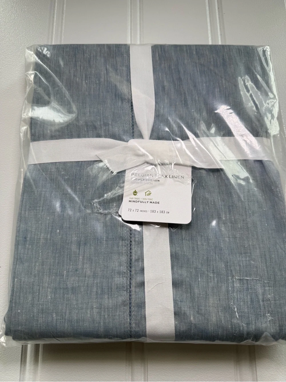 Pottery Barn Belgian Flax Linen Hemstitch Chambray Shower Curtain NEW